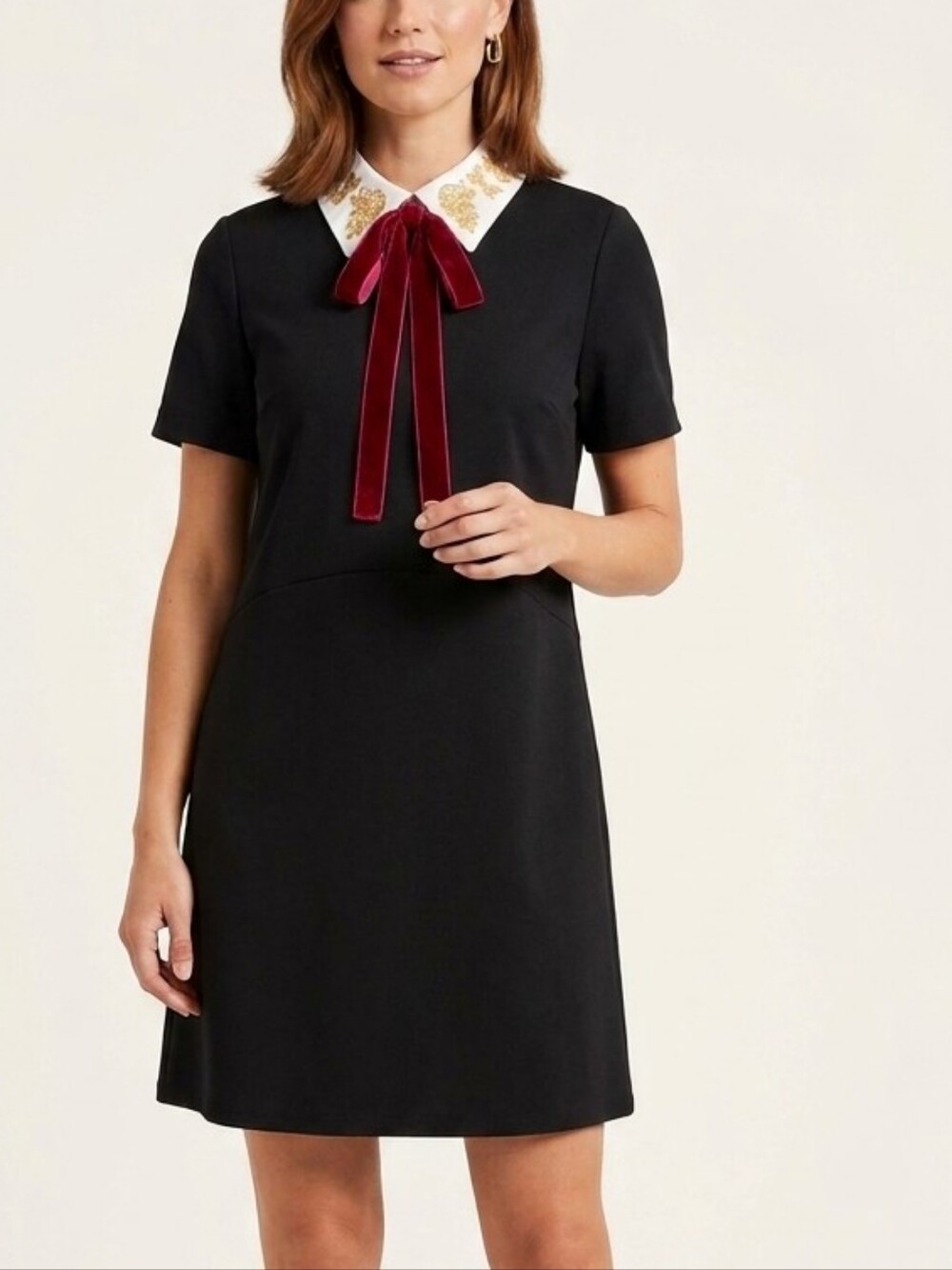 Zara Black Mini Dress Embroidered White Collar Burgundy Velvet Tie LBD Size M